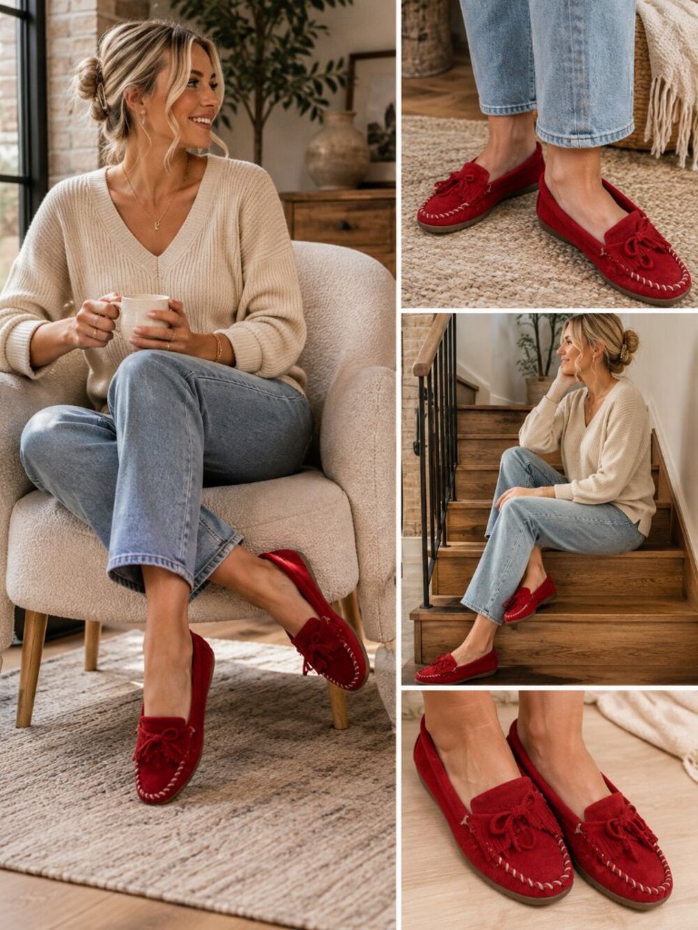 Minnetonka Kilty Moccasins Red Suede Fringe Loafers Shoes Size 8.5